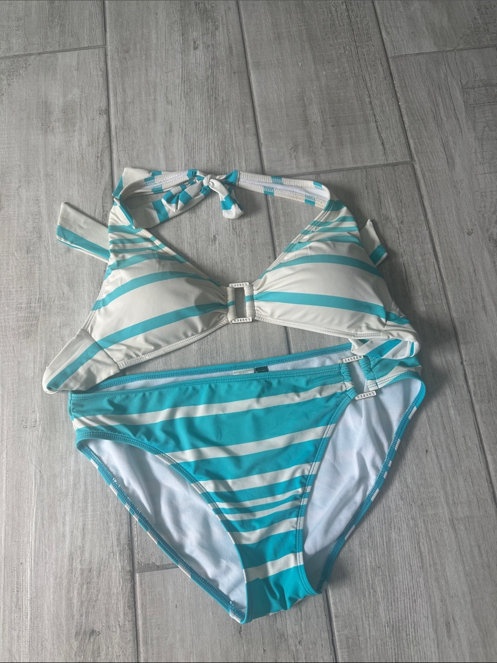 Ralph Lauren bikini
Teal and white/cream striped